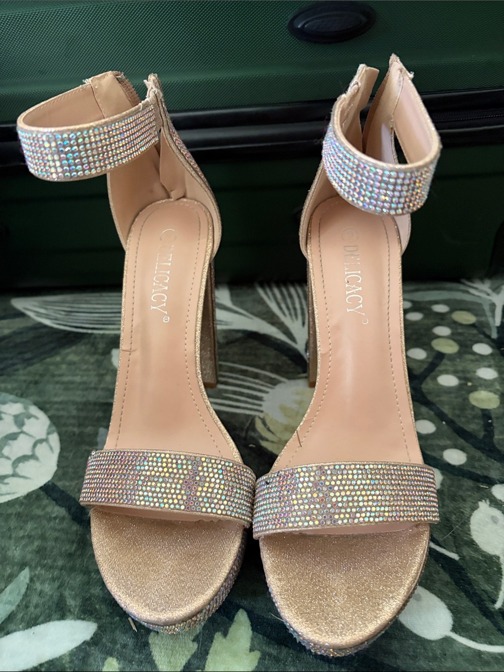 Delicacy Rose Gold Rhinestone Block Heel Sandals